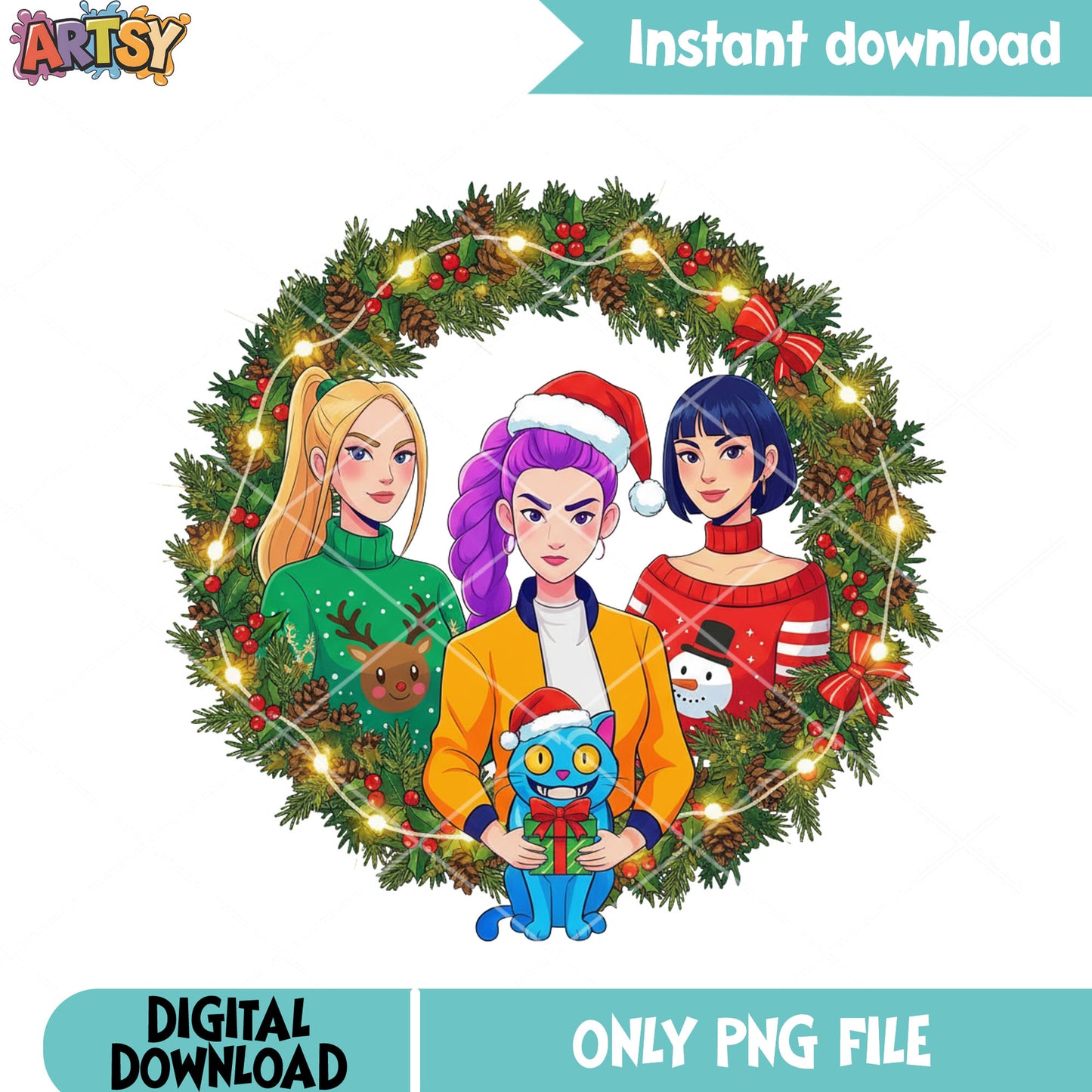 Fan huntrix christmas png, kpop demon hunter png, wreath christmas png