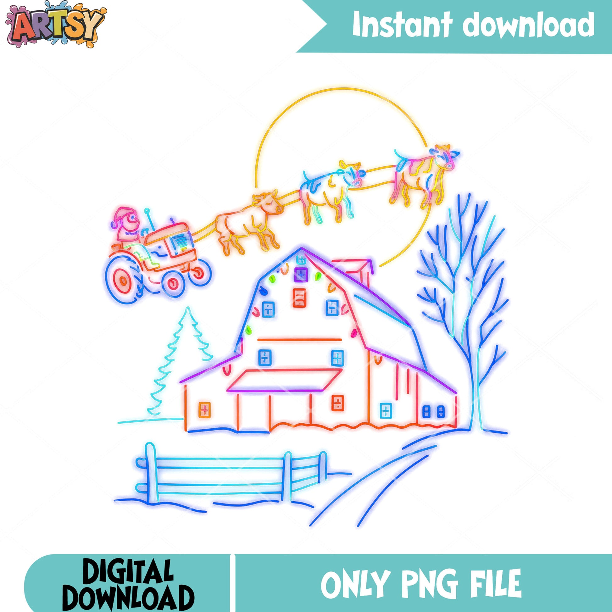 Farm christmas neon moon nights png, merry xmas png, christmas bow png