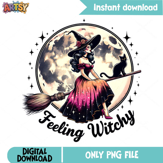 Feeling Witchy PNG, Halloween Witch On Broom, Black Cat PNG