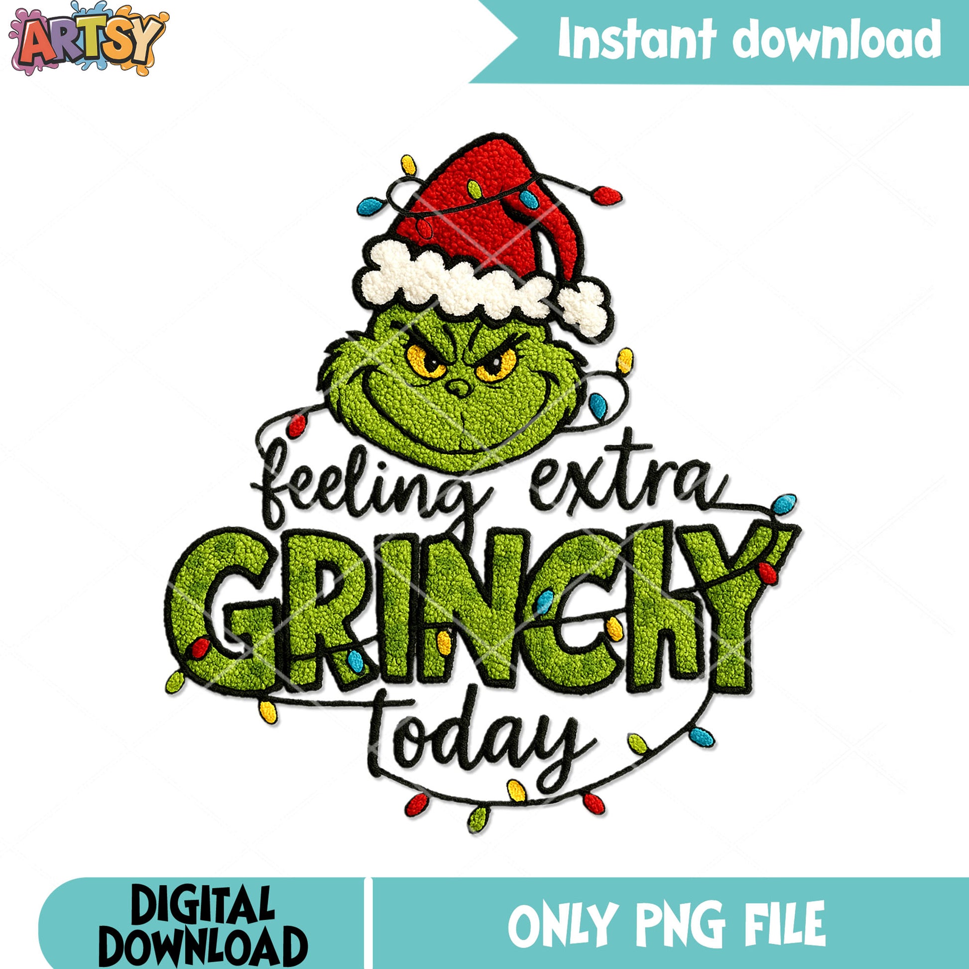 Feeling extra grinchy to day png, christmas stringlight png, santa png