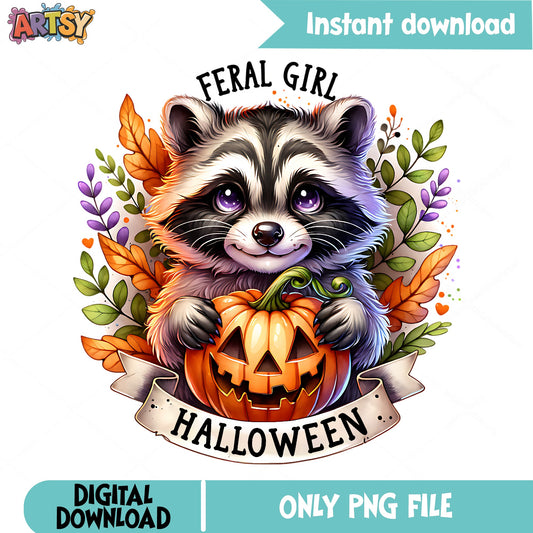 Feral Girl Halloween Raccoon PNG, Cute Raccoon PNG, Halloween PNG