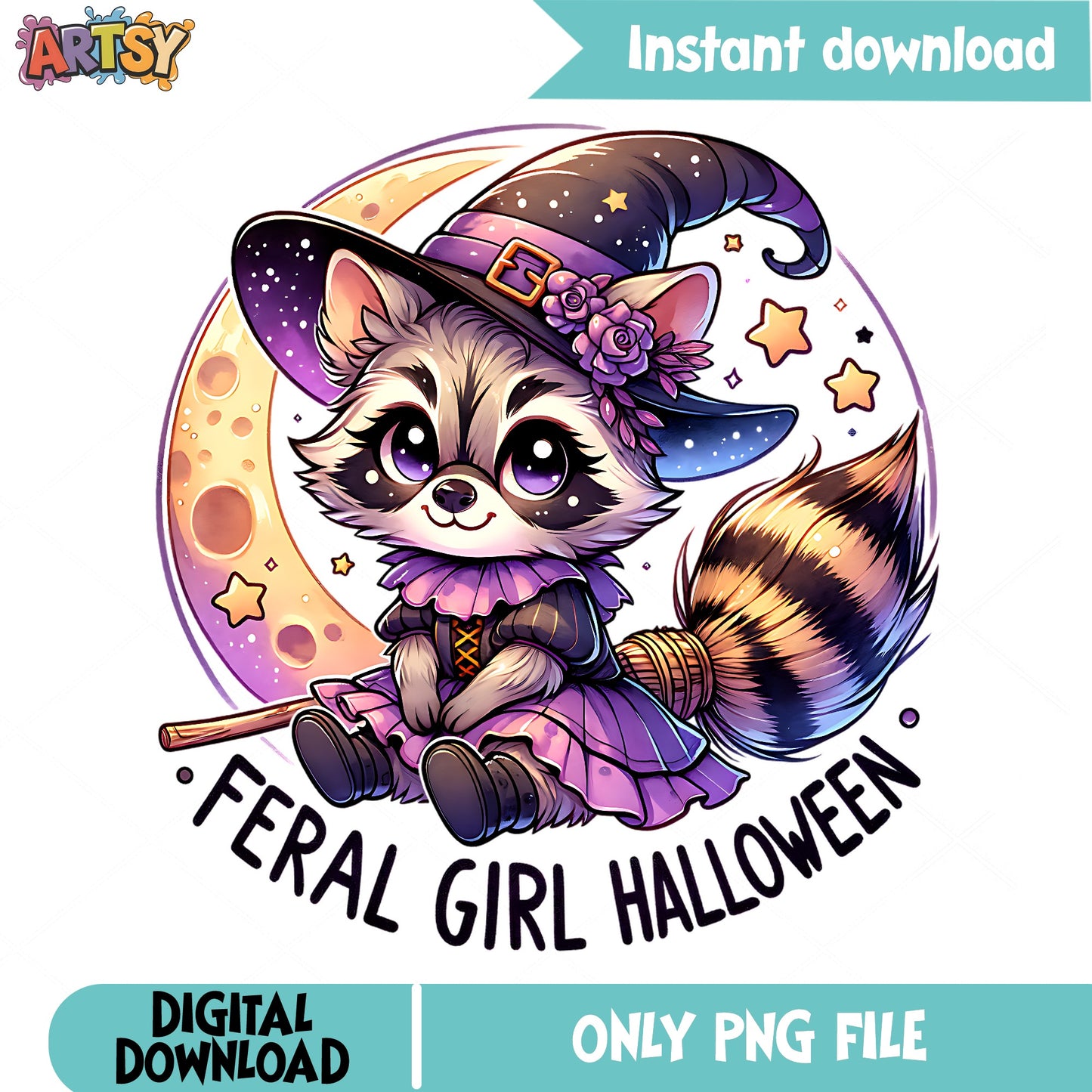 Feral Girl Halloween Raccoon Witch PNG, Cute Raccoon PNG, Halloween PNG