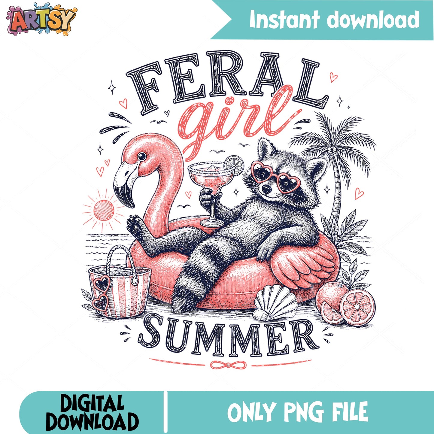 Feral Girl Summer Raccoon PNG, Funny Summer Beach PNG, Raccoon Flamingo PNG