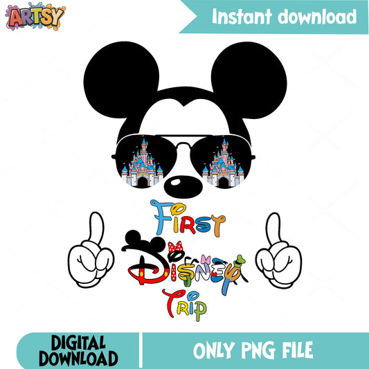 First Disney Trip PNG, Mickey Mouse Sunglasses PNG, Disney Castle PNG
