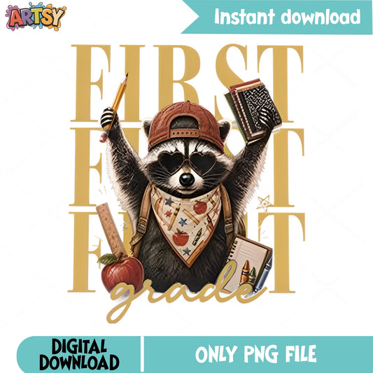 First Grade Raccoon PNG, Back To School PNG, 1st Grade PNG