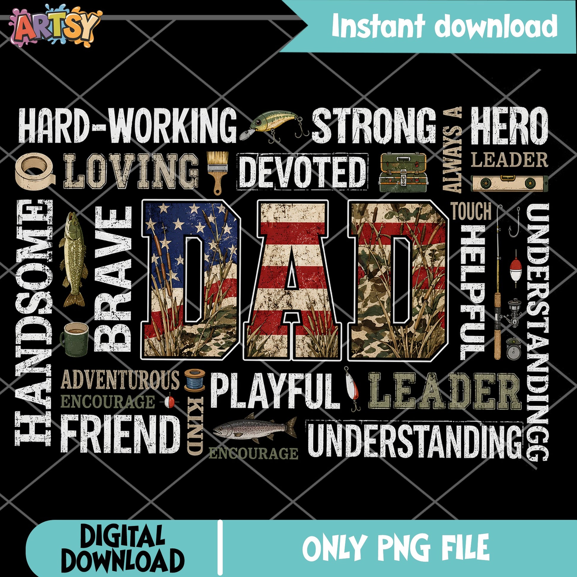 Fishing Dad Word Art PNG, Fathers Day American Flag PNG, Dad PNG