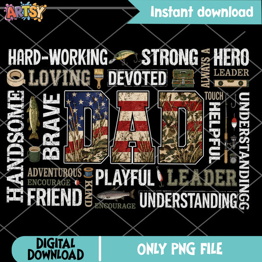 Fishing Dad Word Art PNG, Fathers Day American Flag PNG, Dad PNG