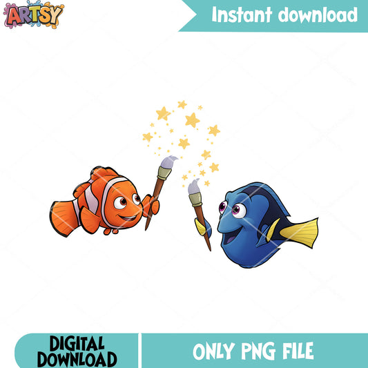 Fish poster duo star vibes png, marlin dory png, finding nemo png
