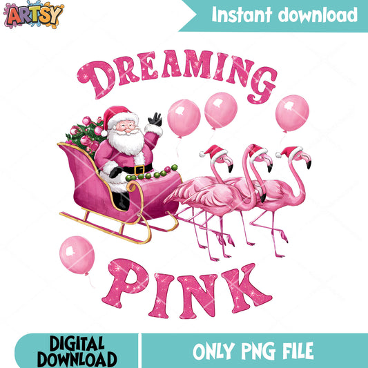 Flamingo sled dog santa png, christmas sleigh png, christmas vibes png
