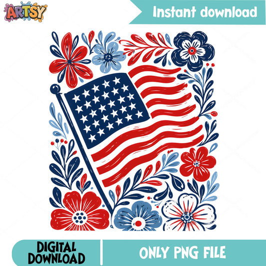 Floral American Flag PNG, 4th Of July PNG, Patriotic PNG