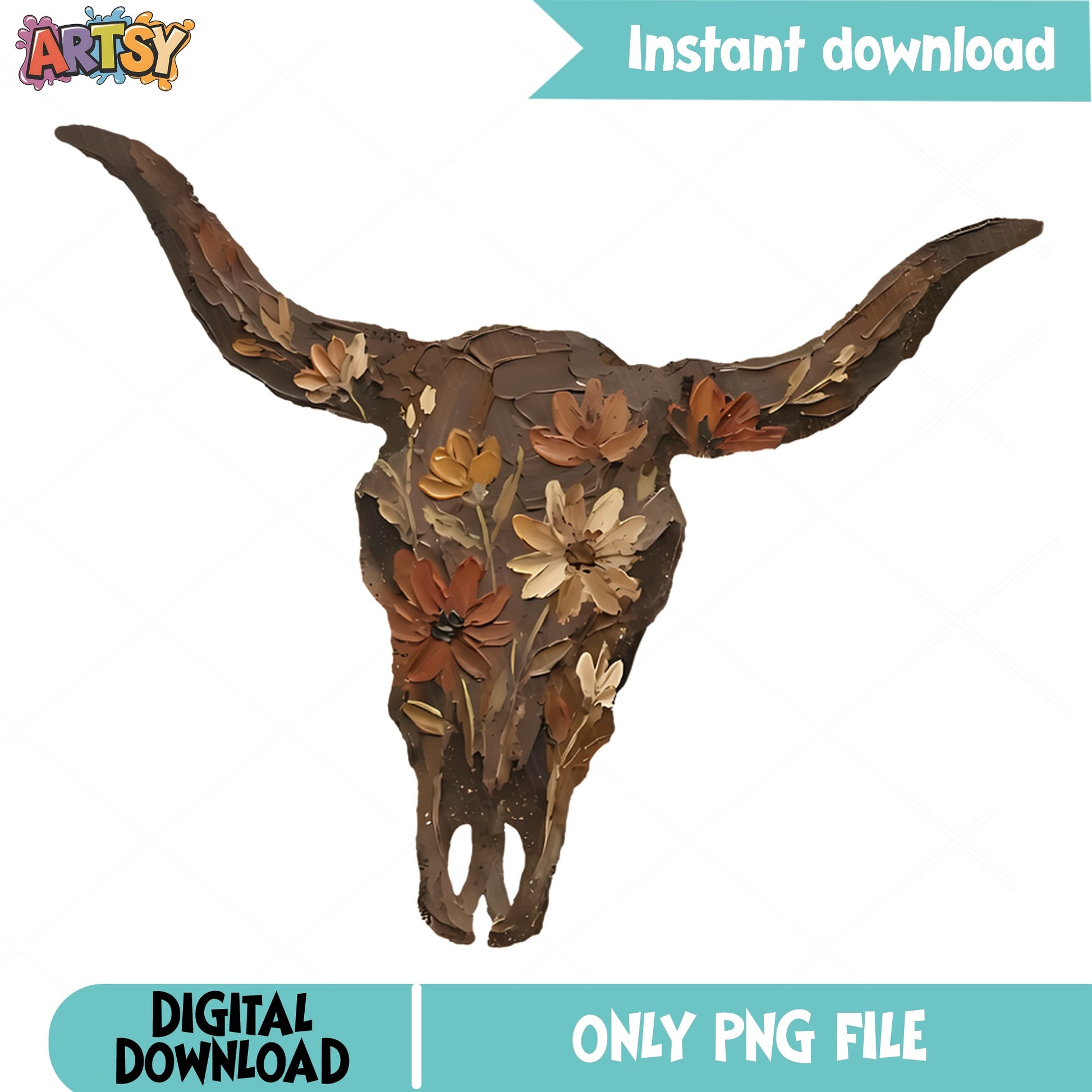 Floral Bull Skull PNG, Western Longhorn PNG, Boho Cow Skull PNG