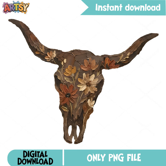 Floral Bull Skull PNG, Western Longhorn PNG, Boho Cow Skull PNG