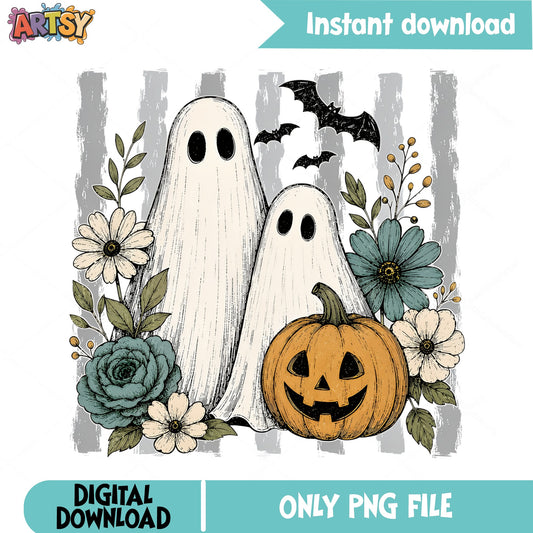 Floral Ghost Halloween PNG, Pumpkin Bat Sublimation, Spooky PNG