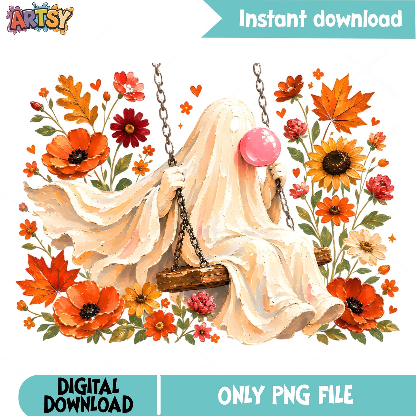 Floral Ghost On Swing PNG, Halloween Fall Flowers PNG, Cute Ghost PNG