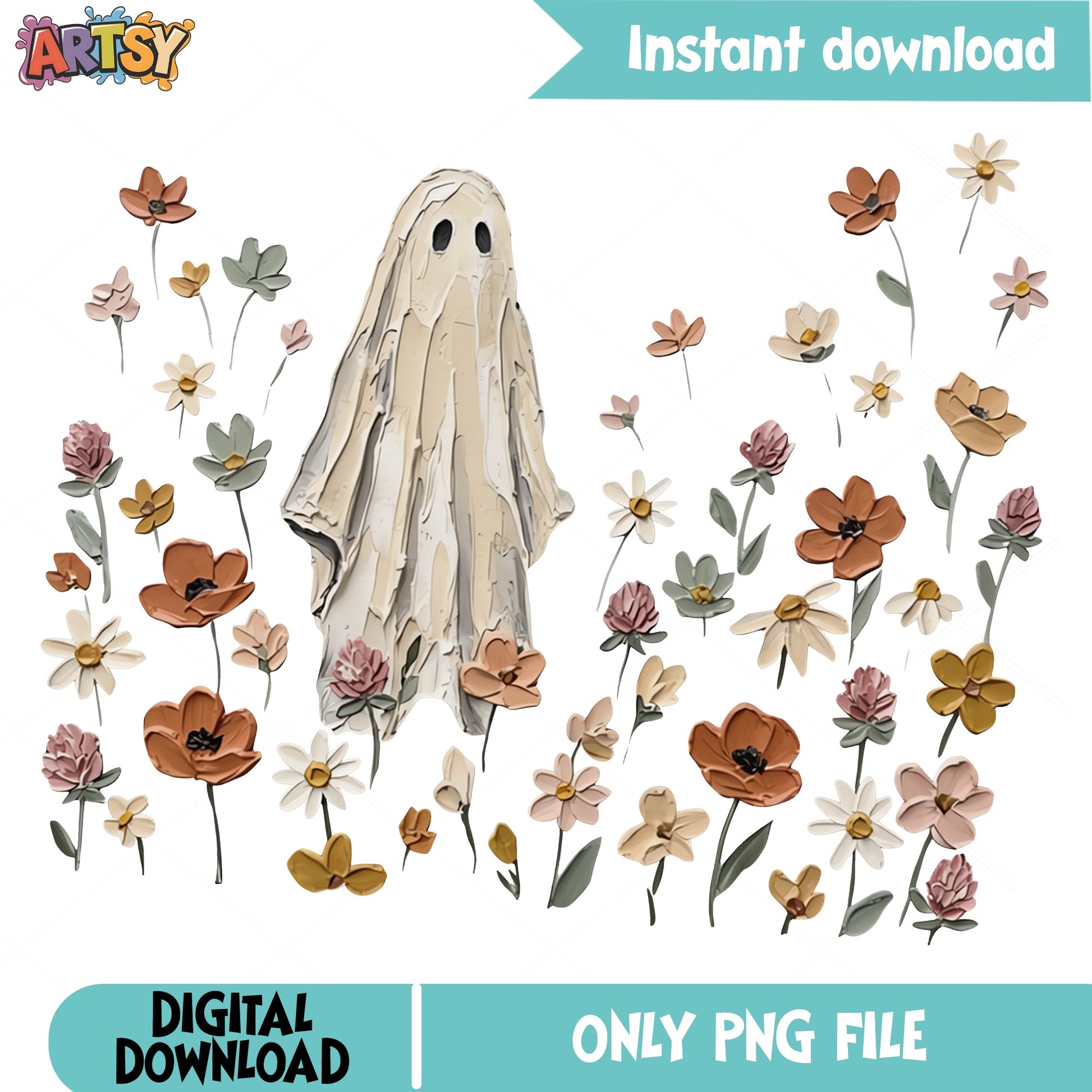 Floral Ghost PNG, Boho Halloween Ghost PNG, Wildflower PNG