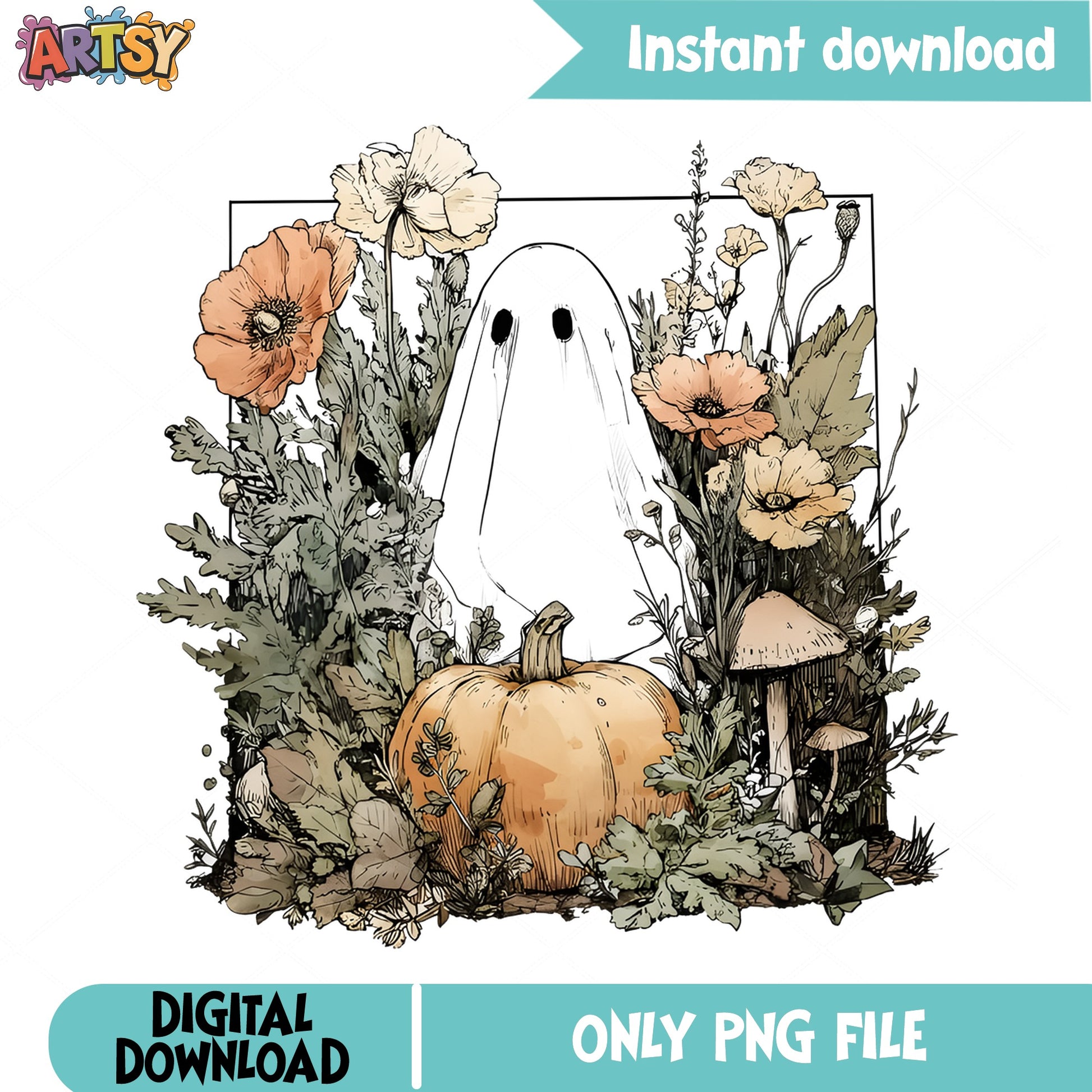 Floral Ghost Pumpkin Halloween PNG, Boho Ghost PNG, Wildflower Fall PNG