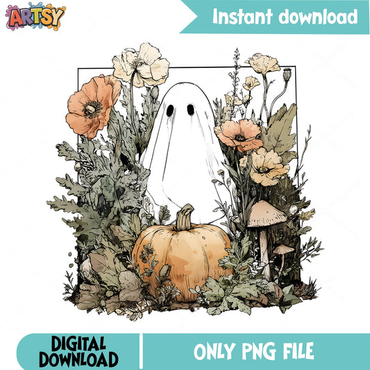 Floral Ghost Pumpkin Halloween PNG, Boho Ghost PNG, Wildflower Fall PNG