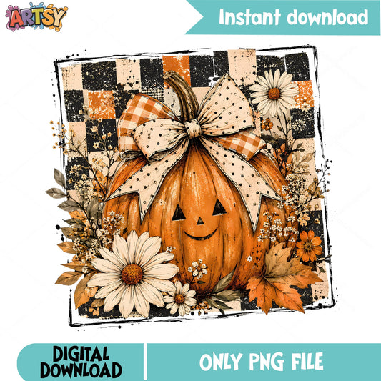 Floral Halloween Pumpkin PNG, Jack O Lantern Bow PNG, Fall PNG