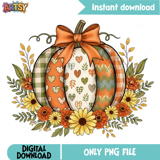 Floral Pumpkin PNG, Fall Autumn Sublimation, Thanksgiving PNG