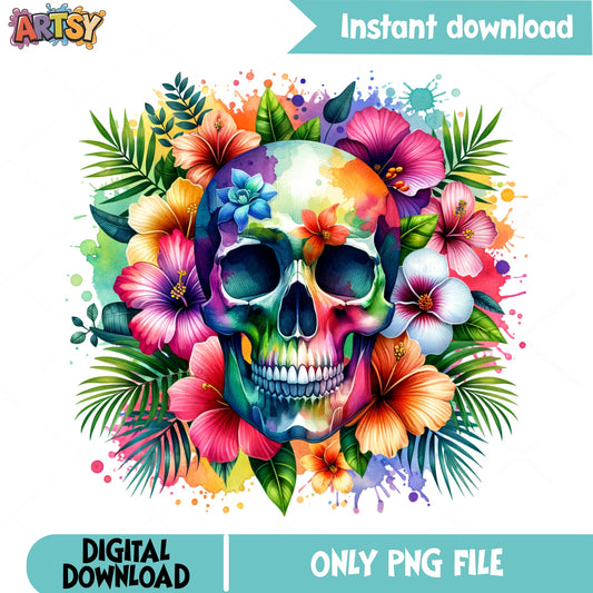 Floral Skull PNG, Tropical Hibiscus Skull, Watercolor Skull PNG