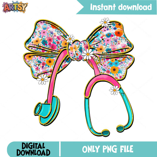 Floral Stethoscope Bow Nurse PNG, Coquette Nurse PNG, Nurse Life PNG