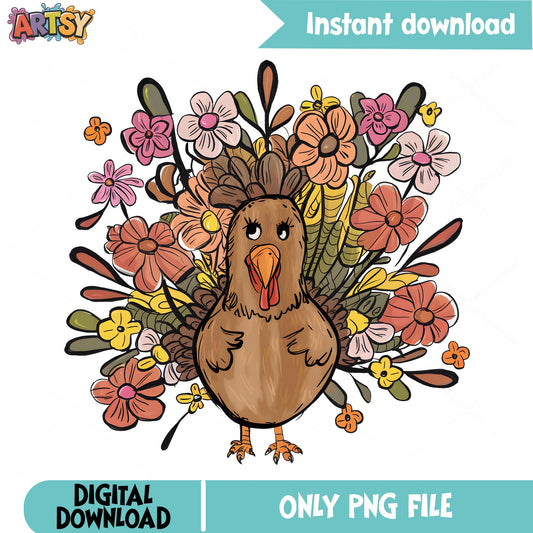 Floral Turkey Thanksgiving PNG, Cute Turkey PNG, Fall PNG