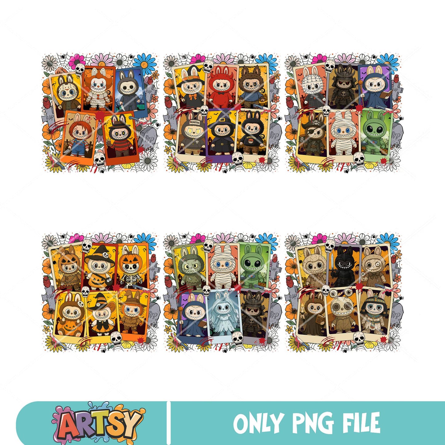Floral halloween labubu png bundle, happy halloween labubu​ png