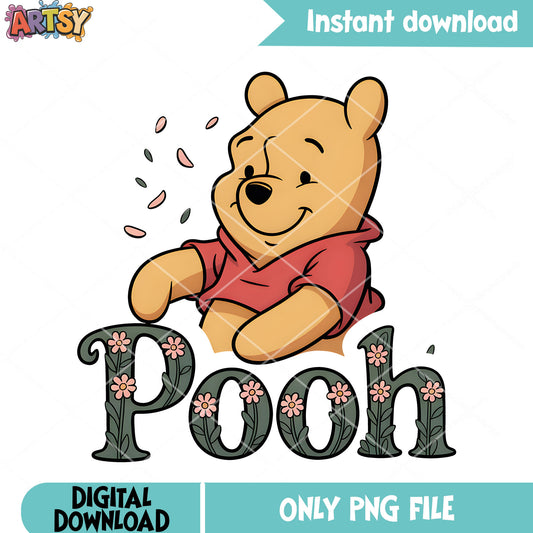 Flower design pooh poster png, pooh bear png, pooh poster​ png