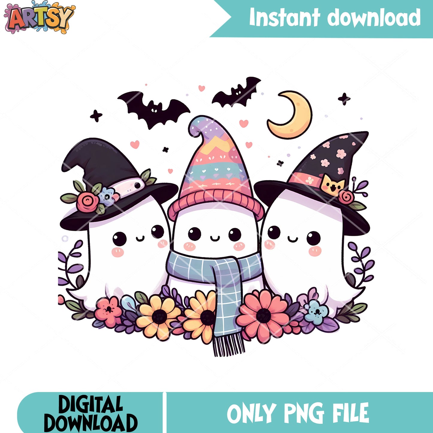 Flower garden with trio ghost png, witch hat png, halloween scary png