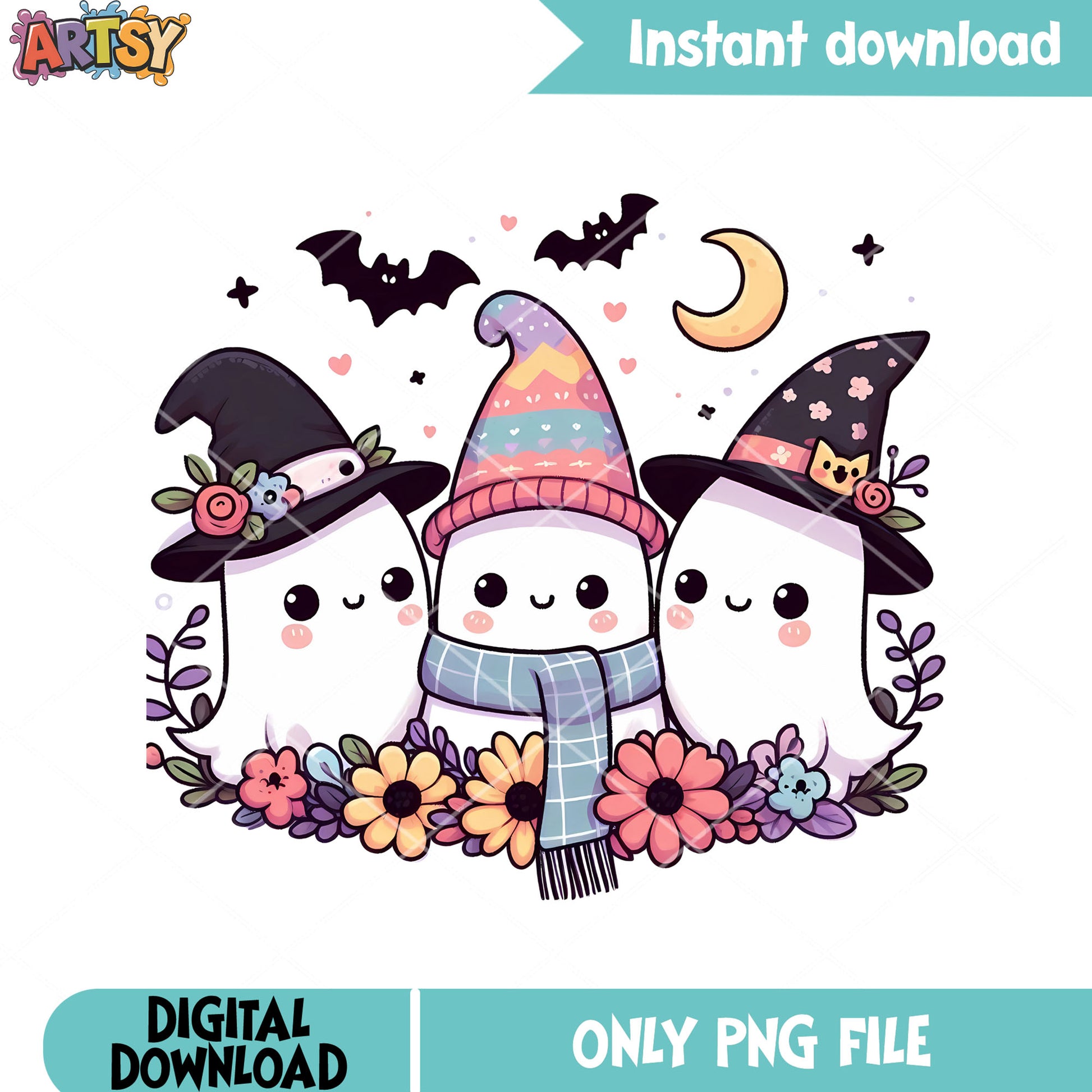 Flower garden with trio ghost png, witch hat png, halloween scary png