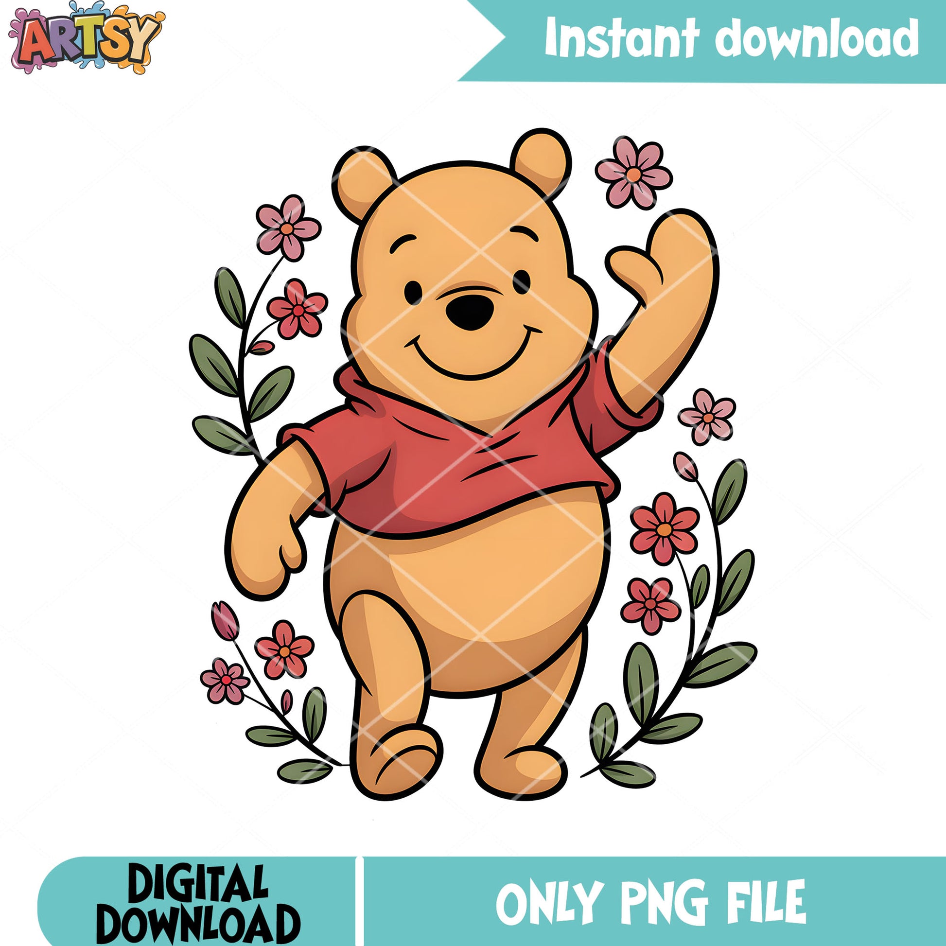 Flower poster pooh vibes png, pooh poster png,​ disney stickers png