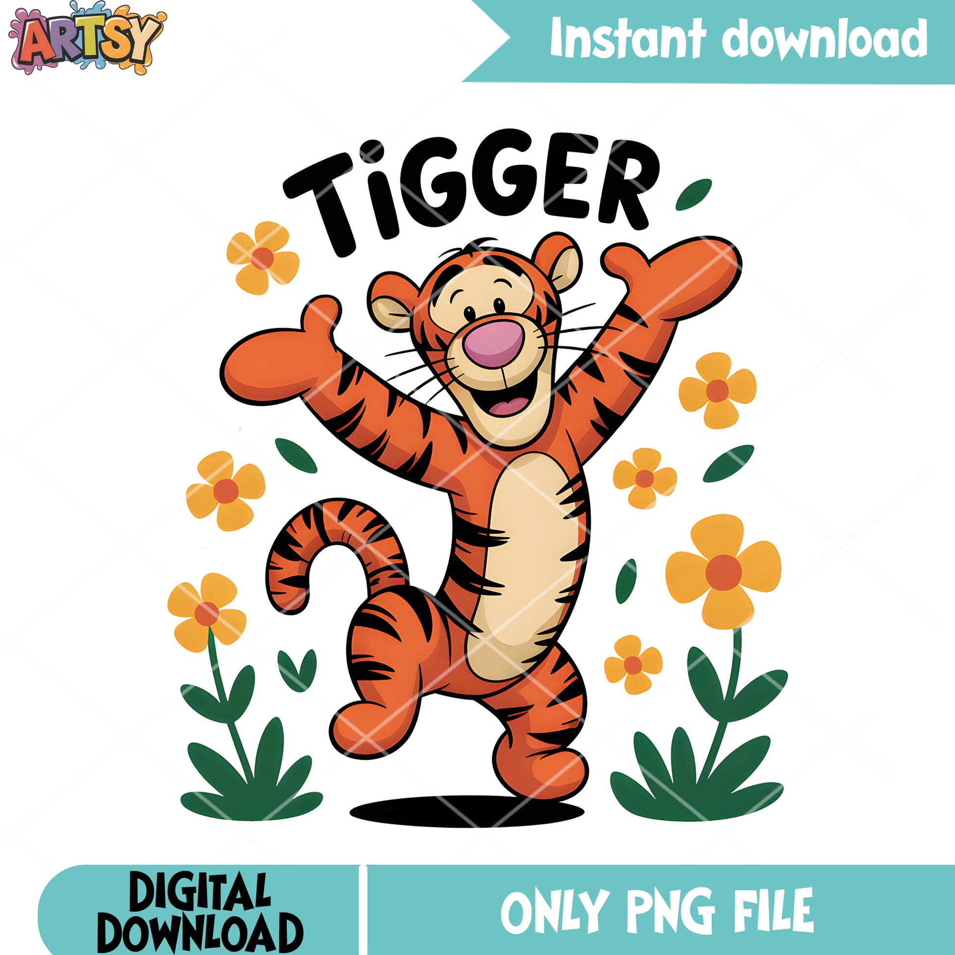 Flower poster tiger png, disney vibes png, pooh and friends png