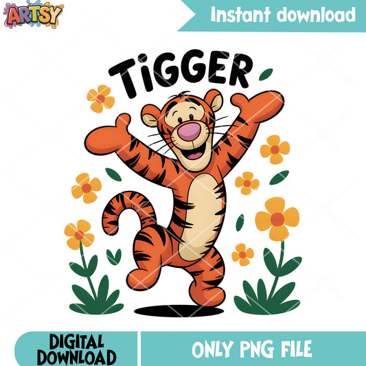 Flower poster tiger png, disney vibes png, pooh and friends png