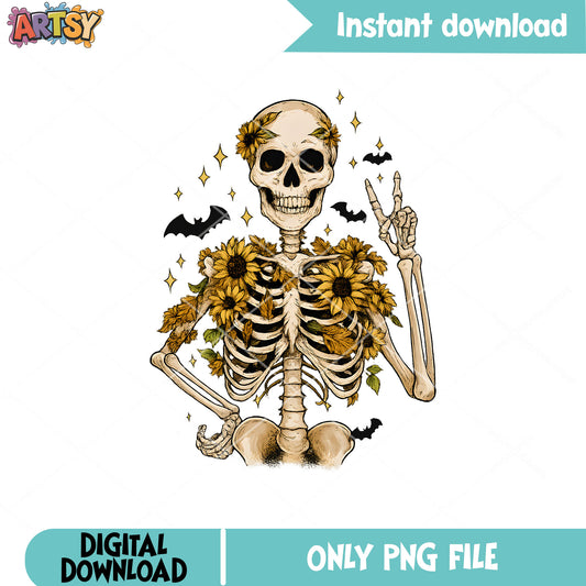 Flower skeleton design png, skeleton halloween png, skeleton flower​ png