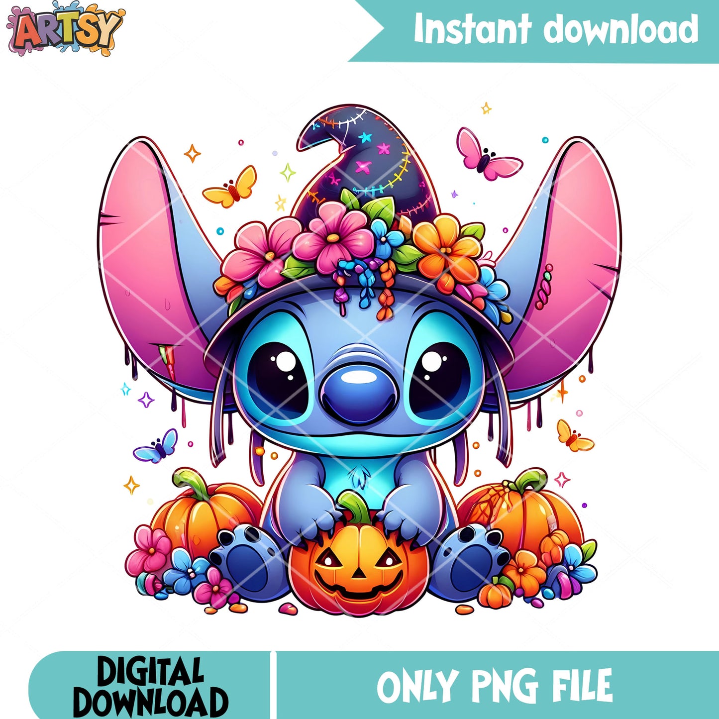 Flower witches hat png, stitch character png, jack o lantern png