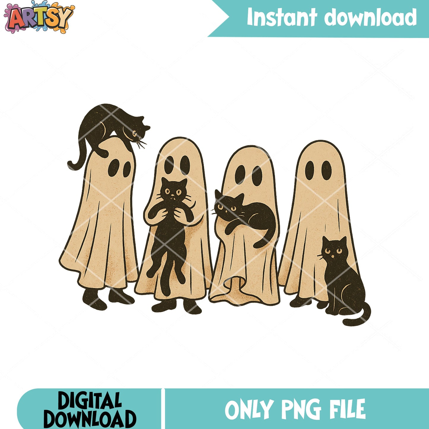 Four black cat png, spooky halloween png, ghost costume png