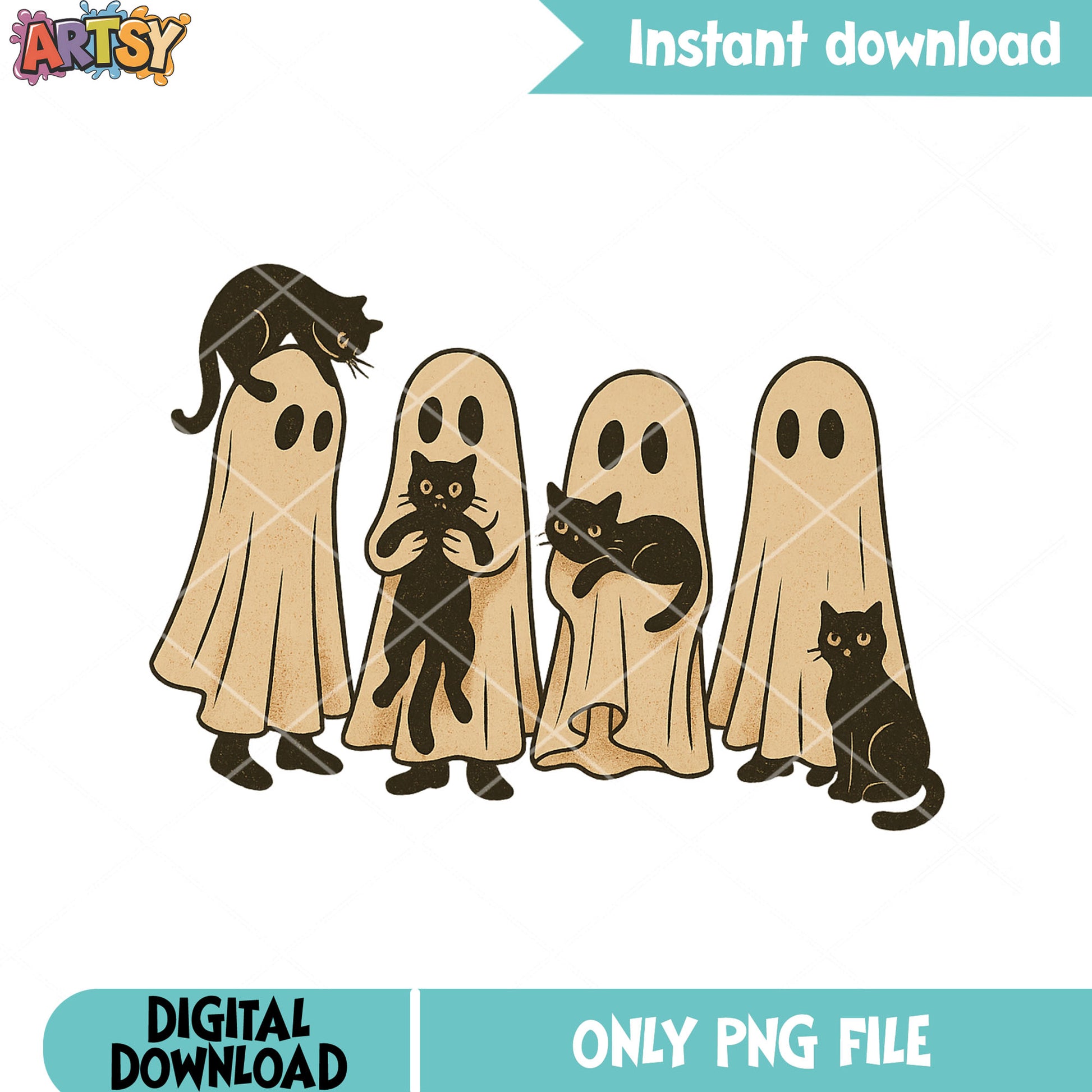 Four black cat png, spooky halloween png, ghost costume png