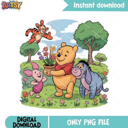 Four pooh friends stickers png, pooh and friends png, classic pooh png