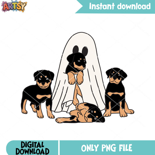 Four puppy and the blanket png, ghost costume png, halloween scary png