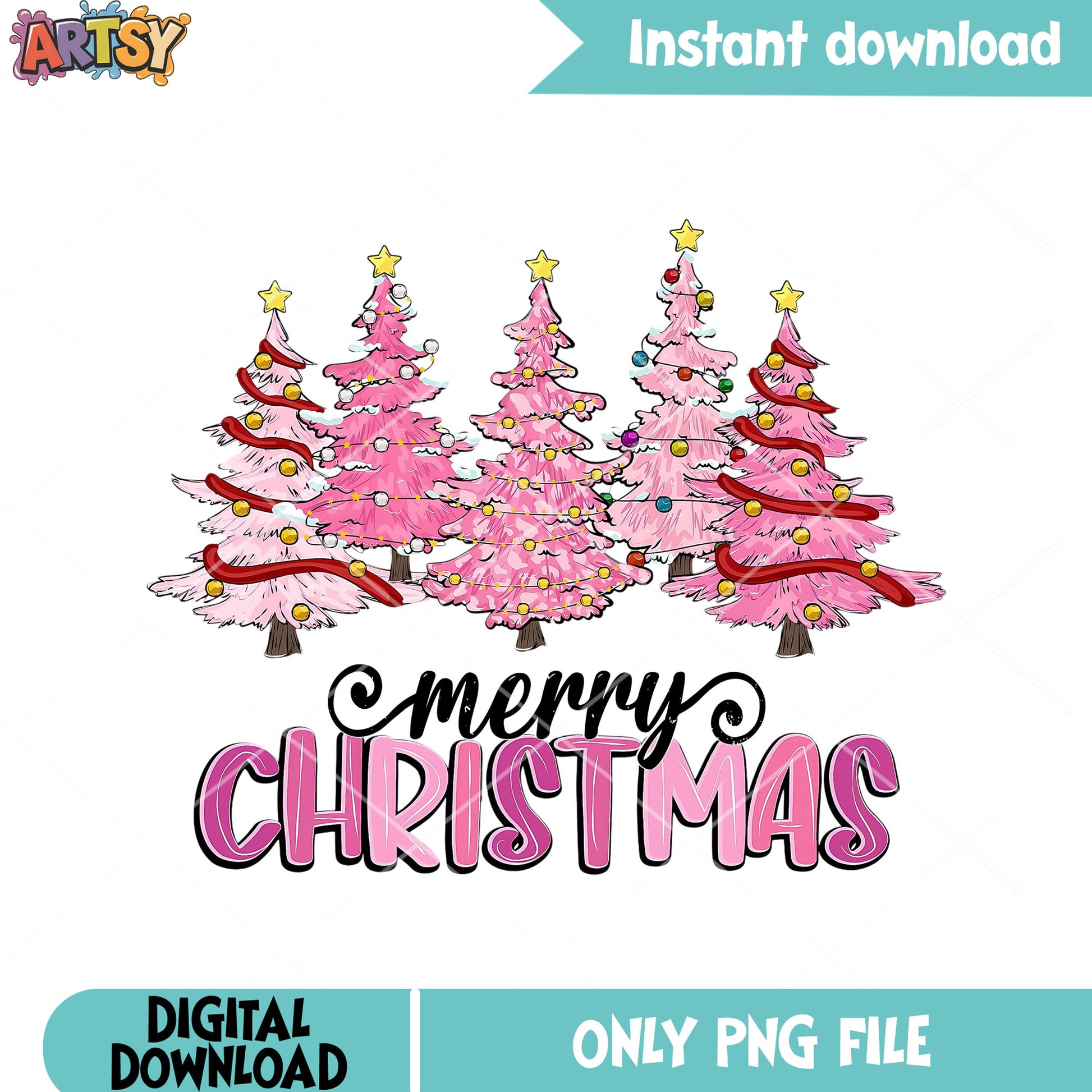 Four tree pink christmas png, pink lights star png, tinsel png