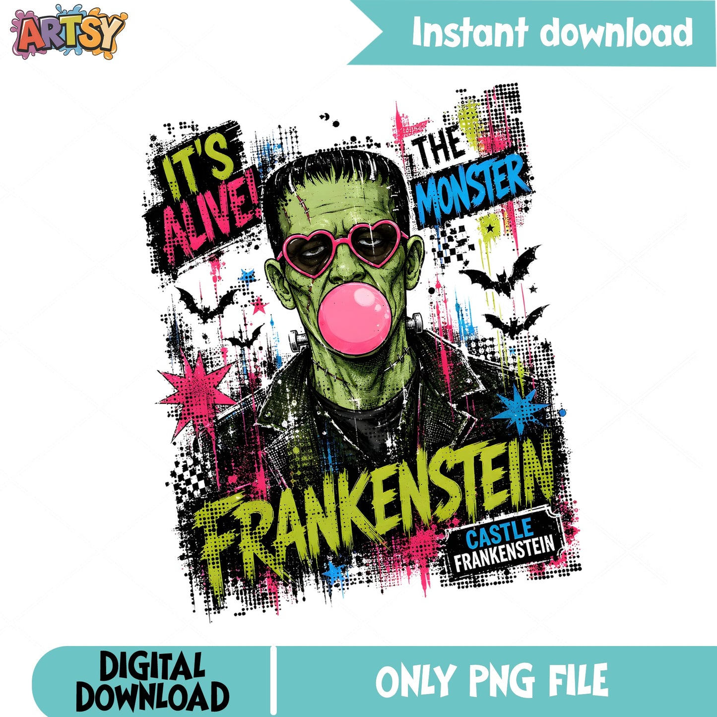Frankenstein Bubblegum Monster PNG, Halloween PNG, Retro Horror PNG