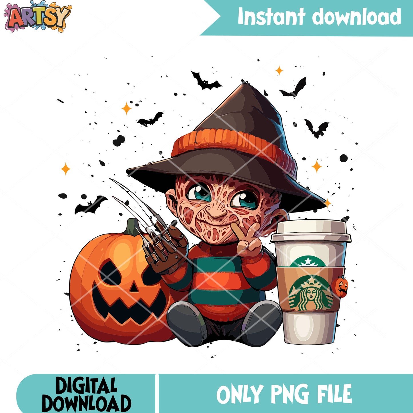 Freddy krueger starbucks png, wicker pumpkin png, halloween scary png