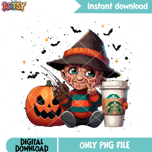 Freddy krueger starbucks png, wicker pumpkin png, halloween scary png
