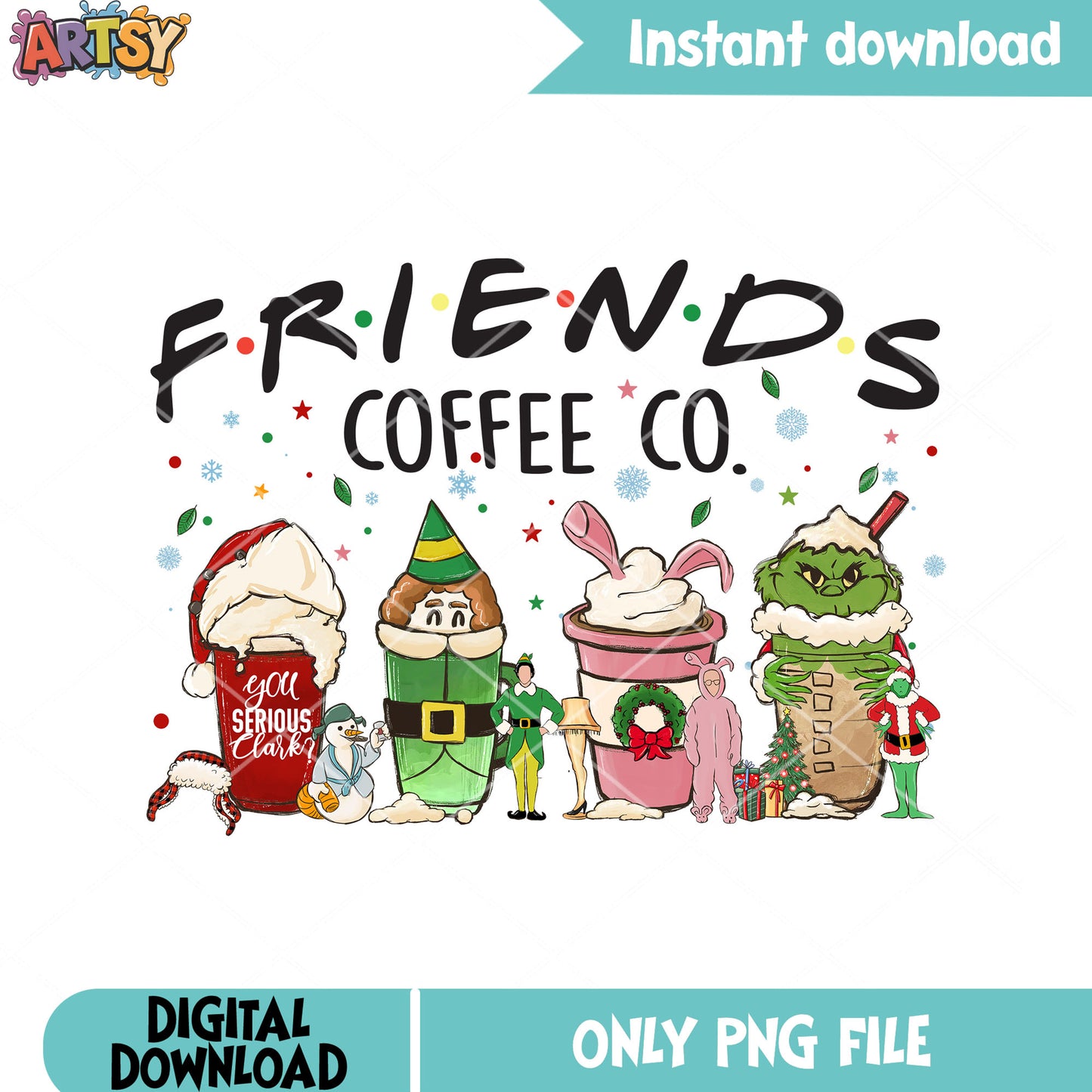 Friends coffee co png, christmas coffee png, christmas vibes png