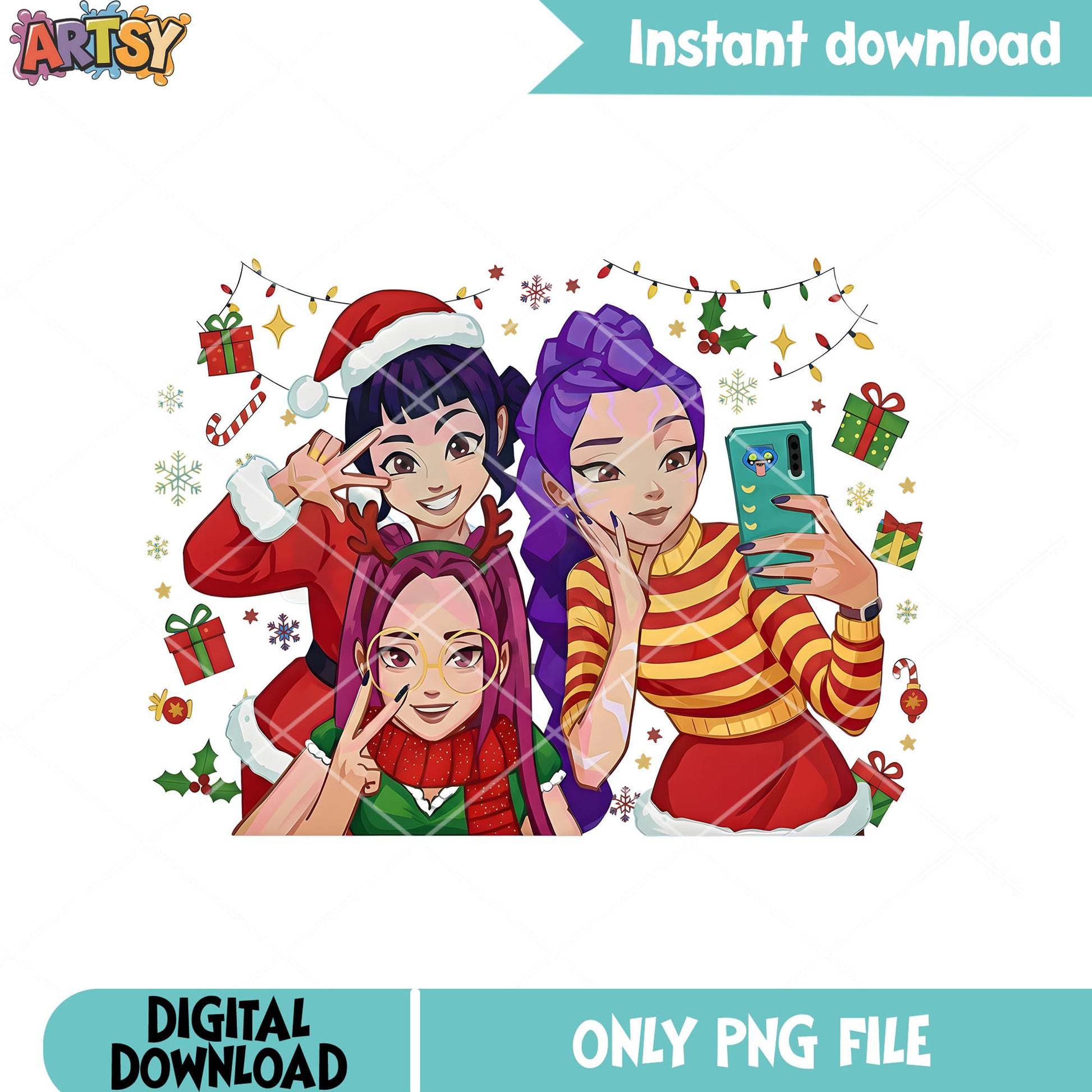 Friends taking a selfies png, string lights png, santa claus hat png