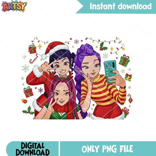 Friends taking a selfies png, string lights png, santa claus hat png