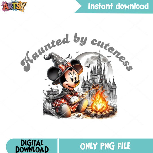 Full moon night minnie png, spooky castle png, camp fire png