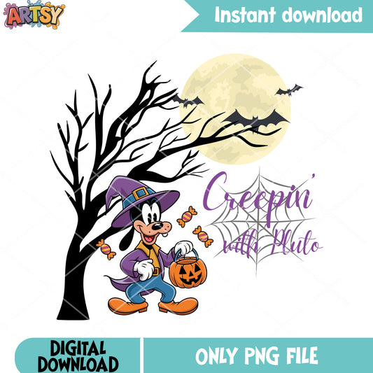 Full moon night png, wicker pumpkin png, disney character png