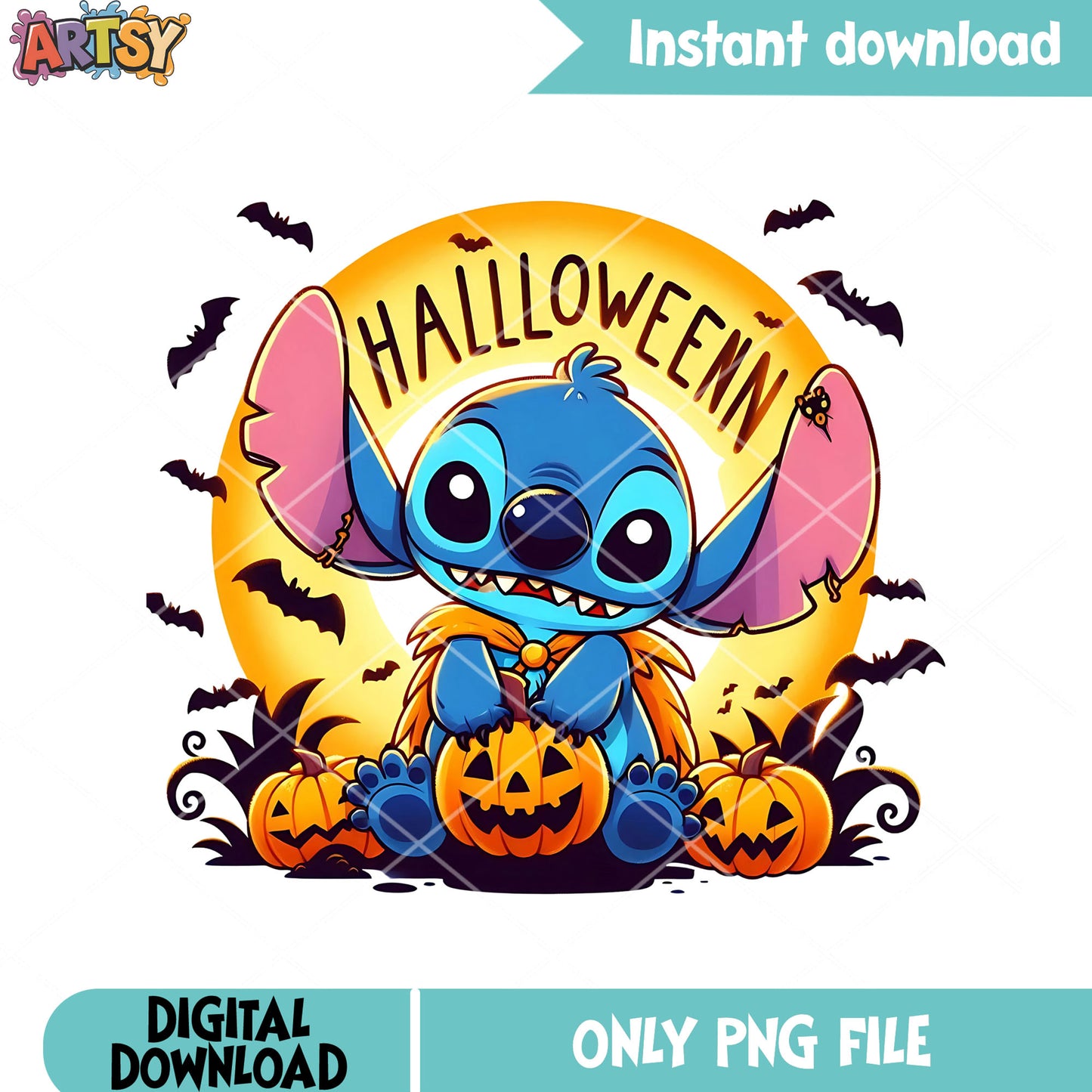 Full moon night stitch png, wicker pumpkin png, spooky halloween png