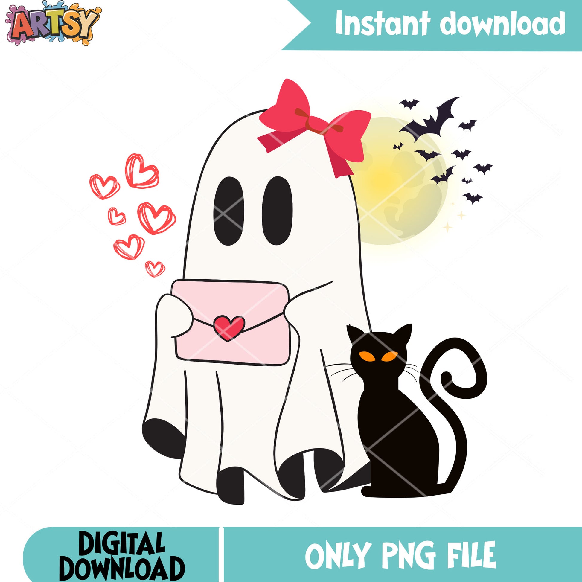 Full night moon baby ghost png, love letter png, halloween scary png